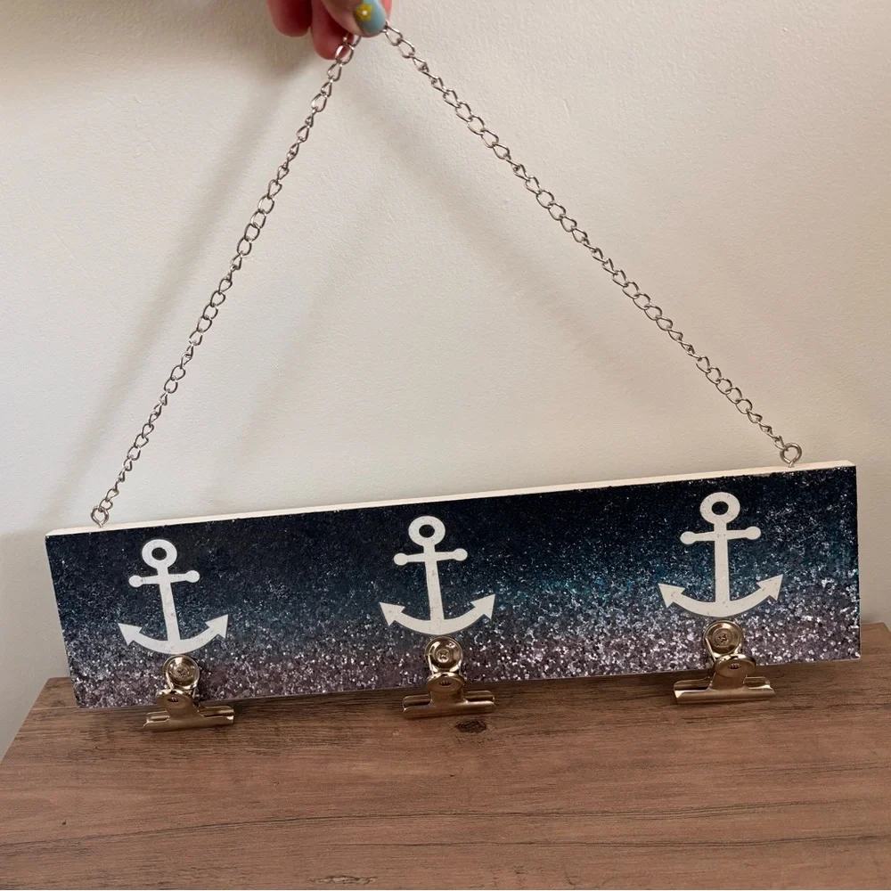 Nautical Anchor Wall Decor with Clips - Glittery Blue and White